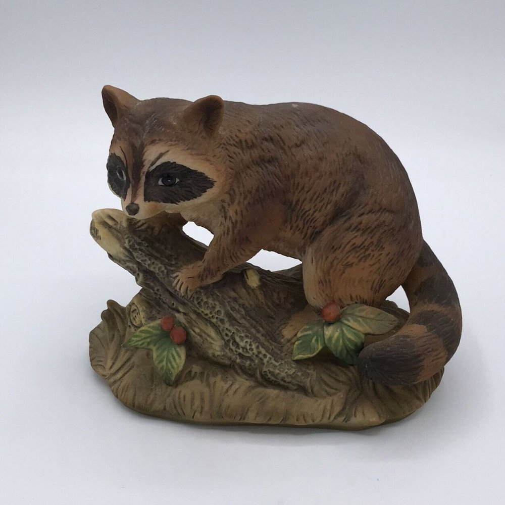 Bisque Porcelain Raccoon on Log Figurine by Homco Vintage 1247 made in Mexico